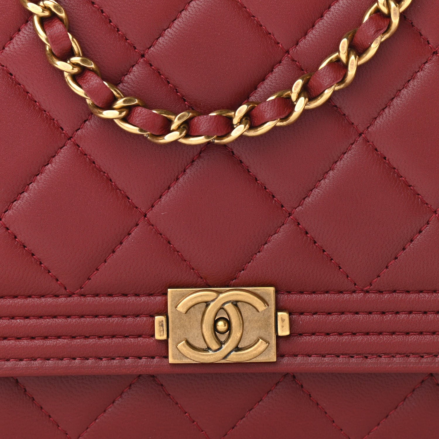 Chanel Lambskin Quilted Boy Wallet On Chain WOC Dark Red 8 of 10