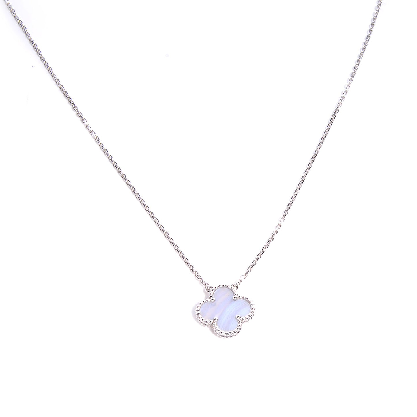 18K White Gold Chalcedony Vintage Alhambra Pendant Necklace