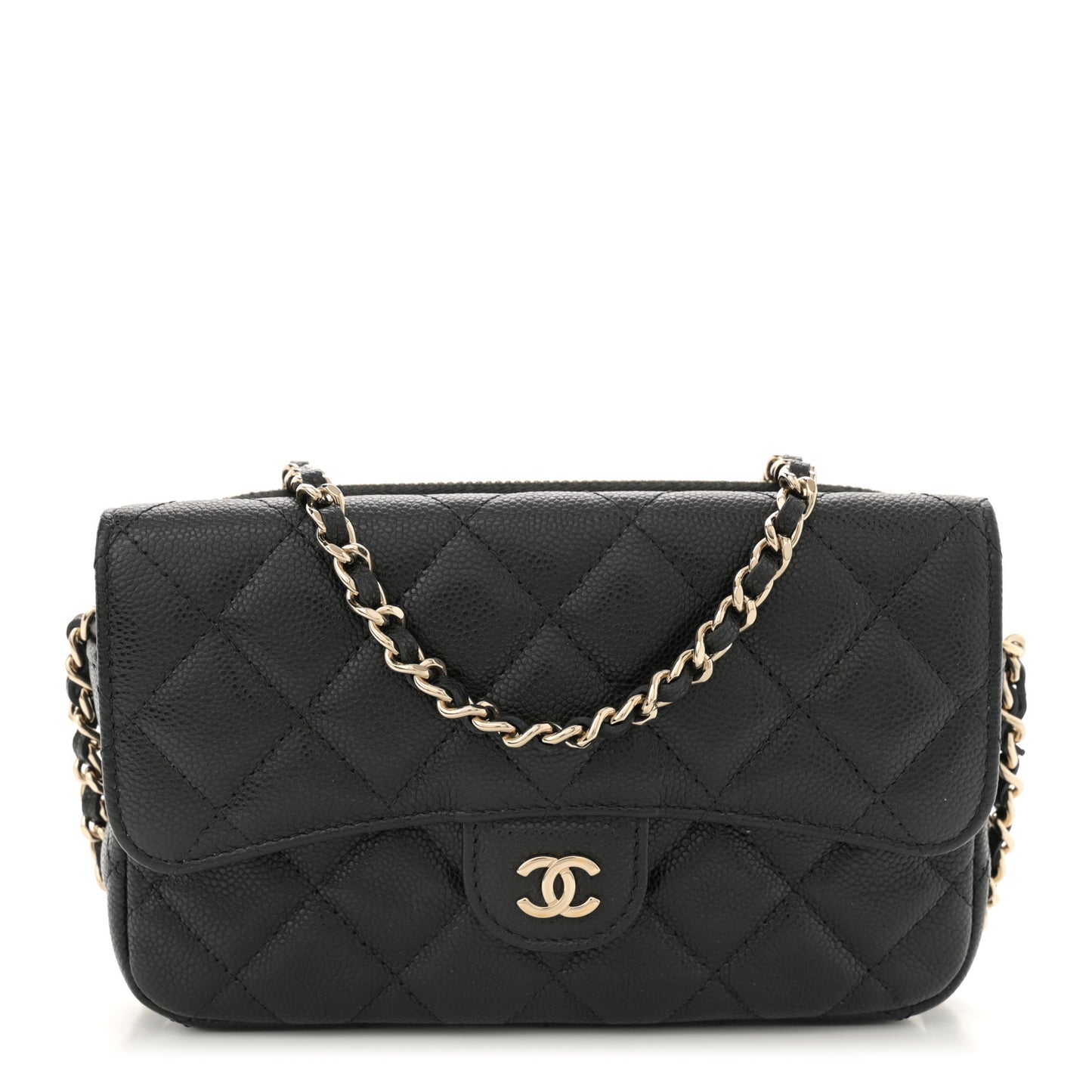 Caviar Quilted Flap Phone Holder With Chain Black