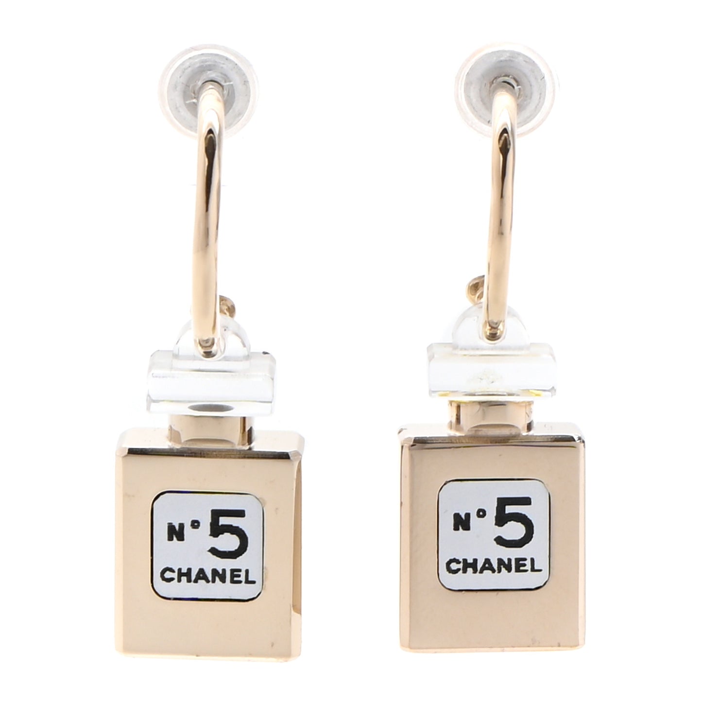 CC No 5 Perfume Bottle Drop Earrings Gold