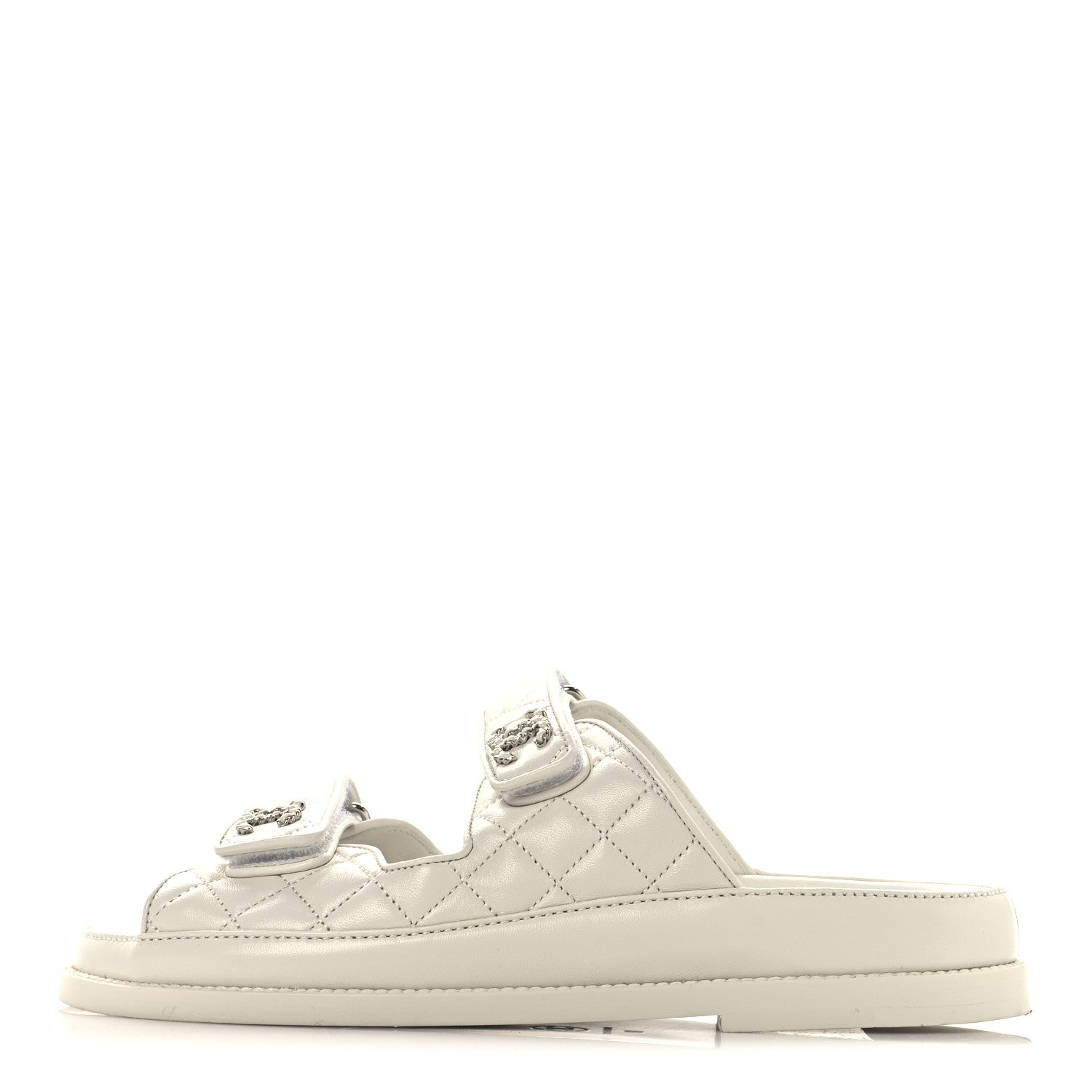 Chanel Lambskin Quilted Velcro Dad Chain CC Slide Sandals 38 White 1 of 9