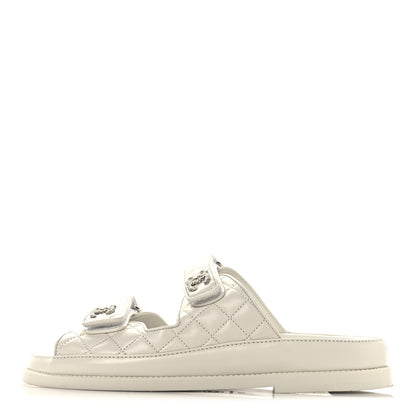 Chanel Lambskin Quilted Velcro Dad Chain CC Slide Sandals 38 White 1 of 9