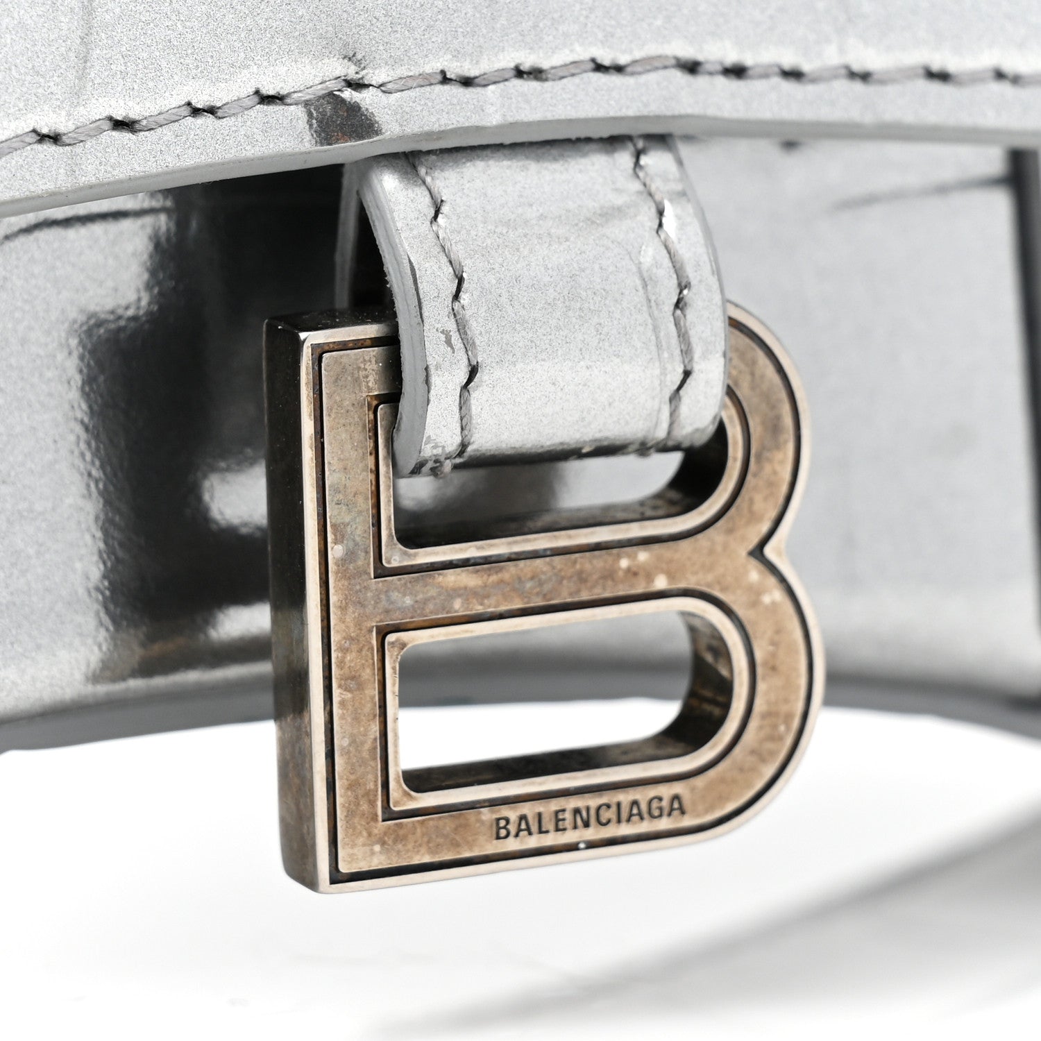 Balenciaga Metallic Calfskin Crocodile Embossed Hourglass Top Handle Bag Mini Silver 7 of 7