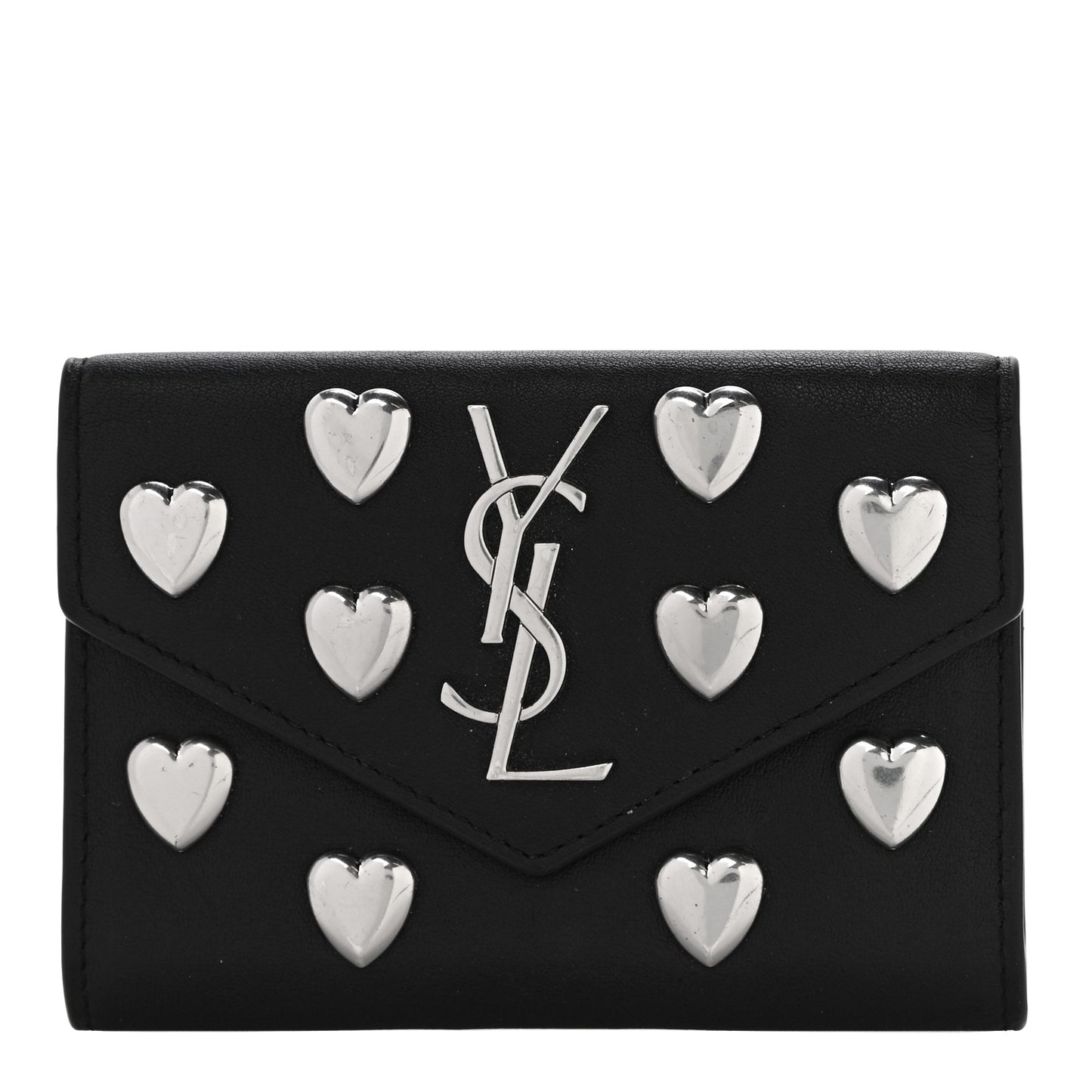 Calfskin Heart Studded Small Envelope Wallet Black