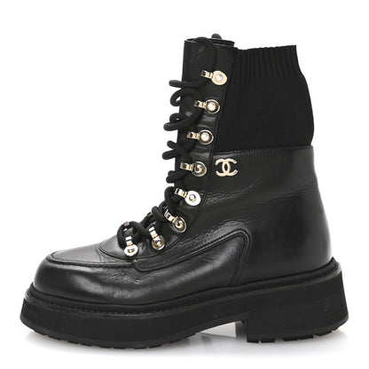 Chanel Calfskin Knit Lace Up Combat Boots 37.5 Black 1 of 8