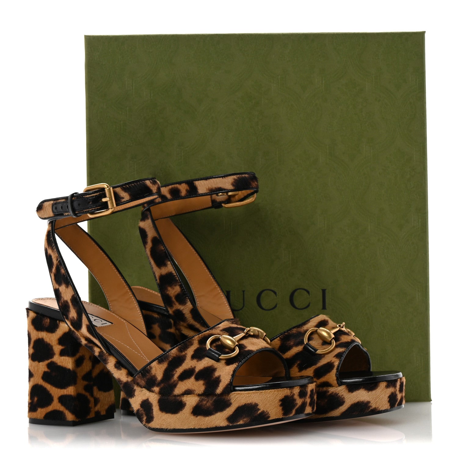 Gucci Calf Hair Leopard Print Horsebit 25/60mm Platform Sandals