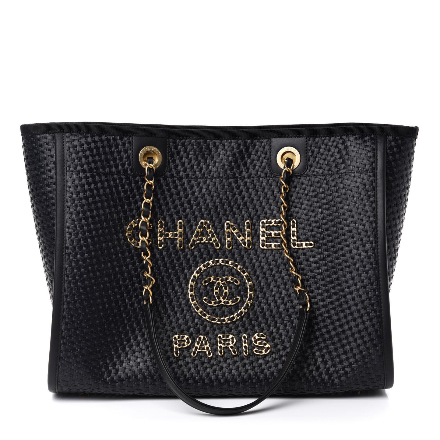 Woven Straw Raffia Small Deauville Tote Black
