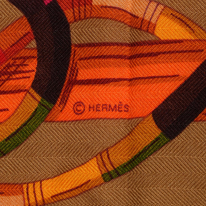 Hermes Cashmere Silk Au Fil Du Carre Shawl 140 Caramel Orange Vert Cru 6 of 7