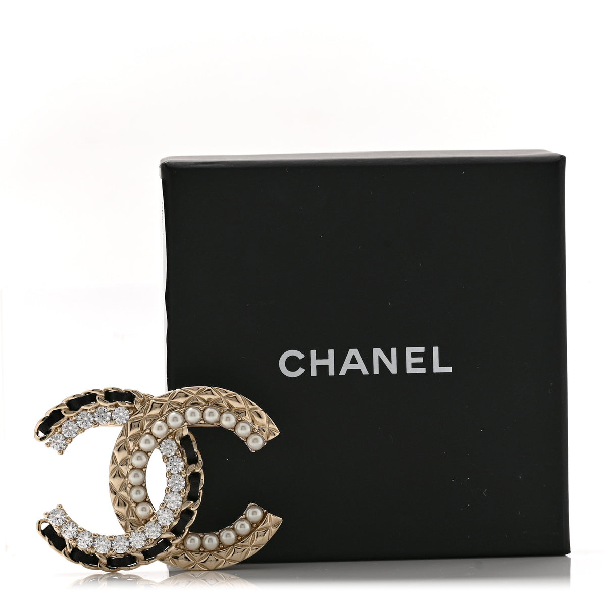 Chanel Lambskin Pearl Crystal Quilted CC Brooch Black Gold 4 of 4