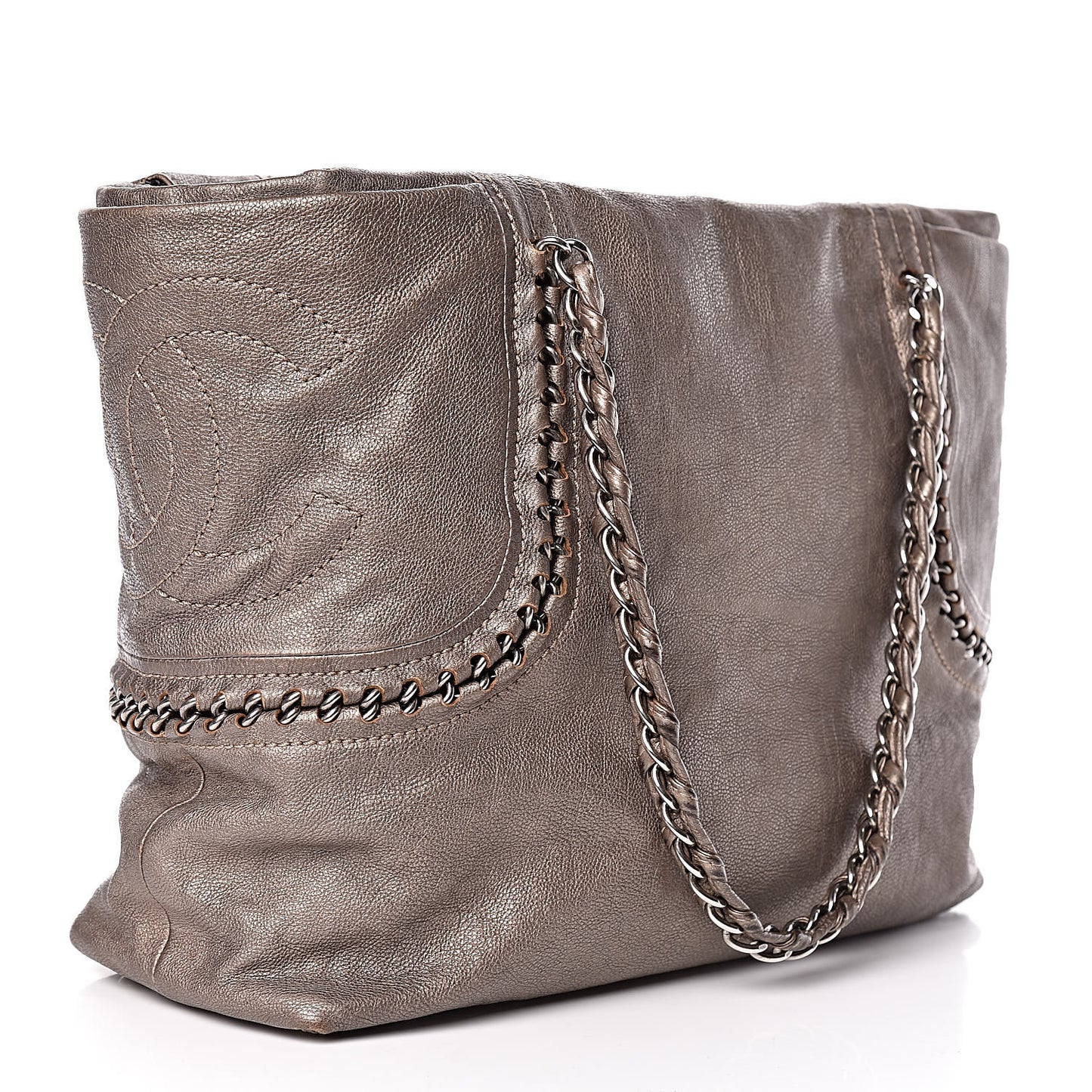 Metallic Goatskin Luxe Ligne Shoulder Bag Dark Silver