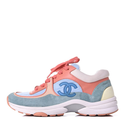 Chanel Nylon Lambskin Suede Calfskin CC Sneakers 36 Coral Light Blue White 1 of 10