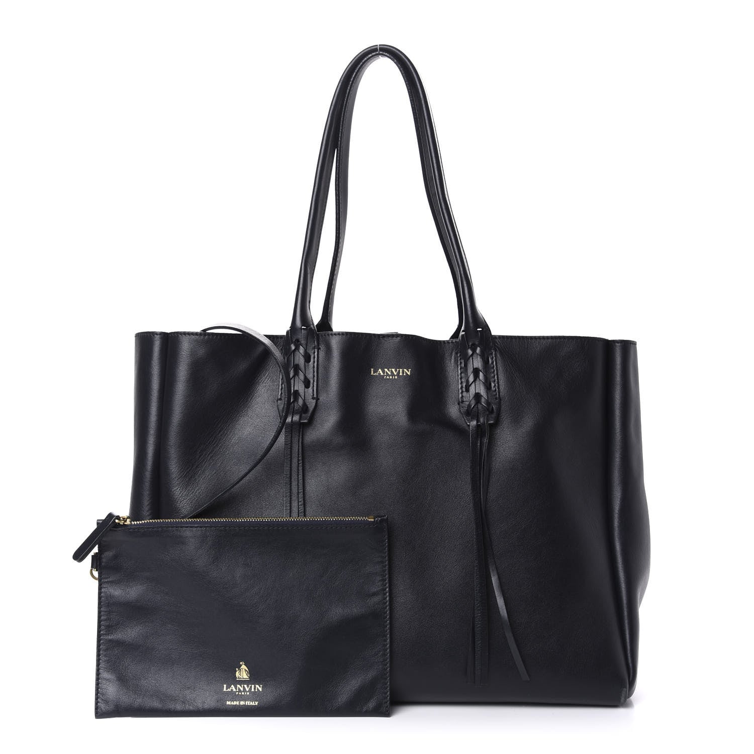 Lanvin Smooth Calfskin Small Fringe Shopper Tote Black Navy 1 of 15