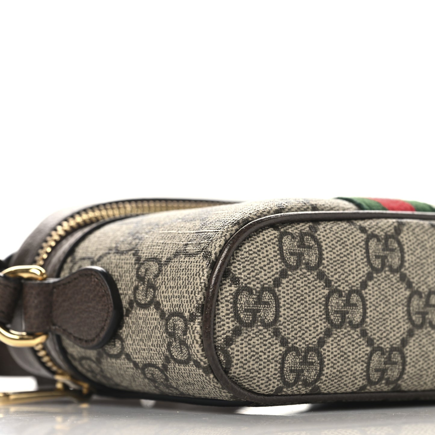 GG Supreme Monogram Textured Calfskin Web Mini Ophidia Top Handle Bag Beige Ebony New Acero