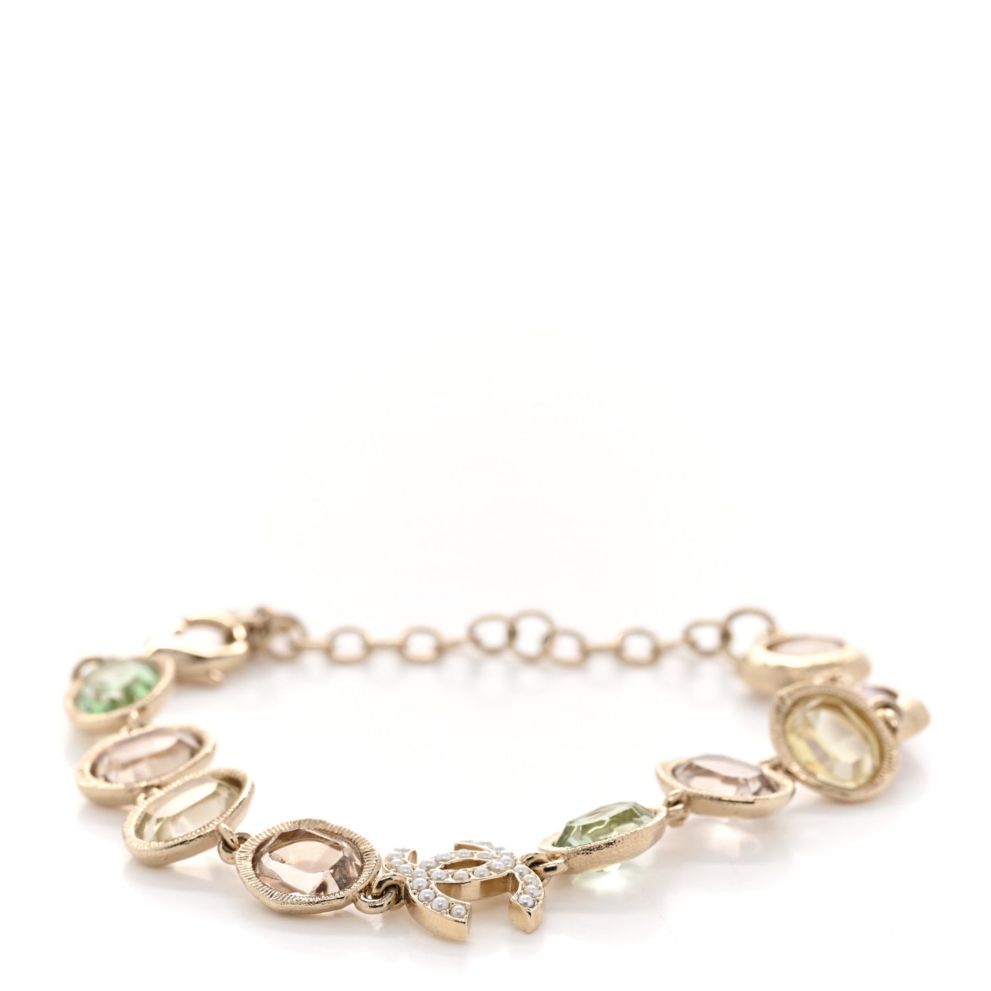 Metal Glass Crystal Strass Pearl CC Chain Bracelet Gold Multicolor Pearly White