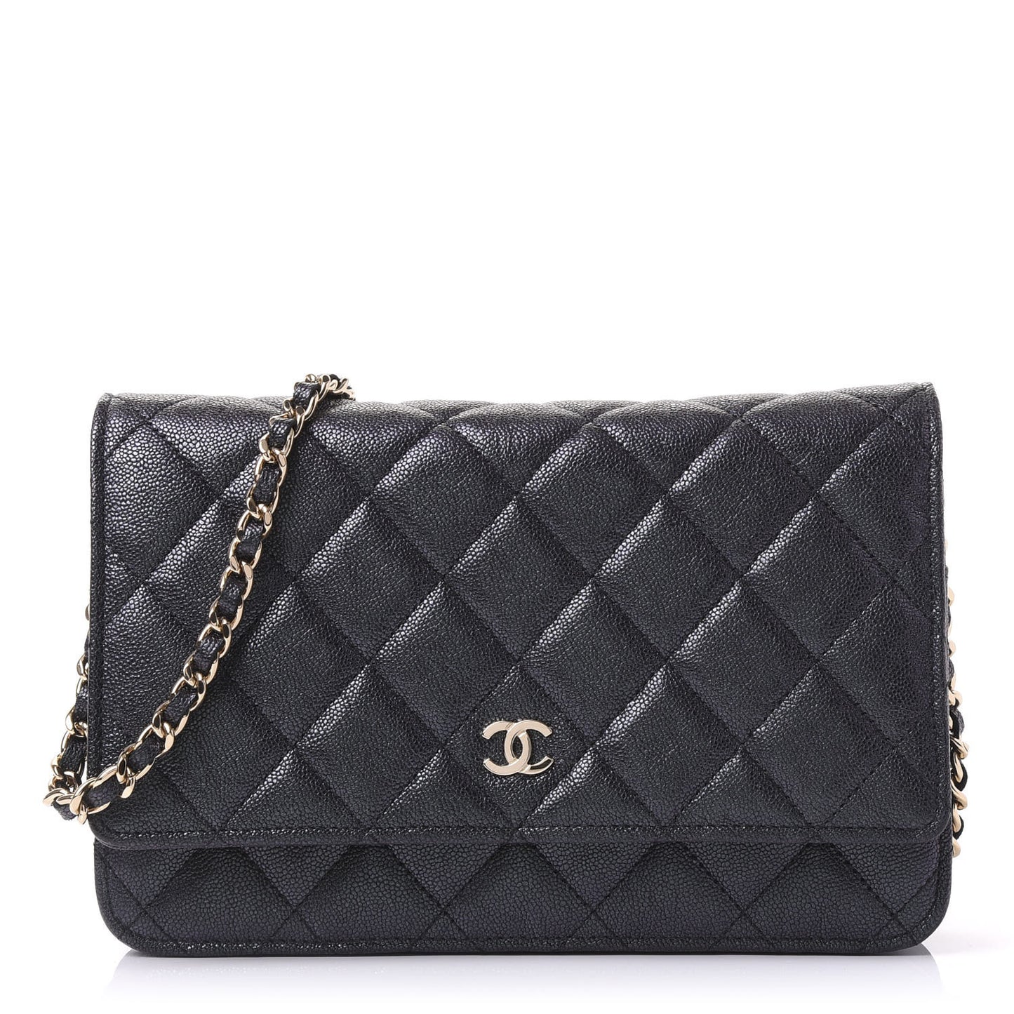 Iridescent Caviar Quilted Wallet On Chain WOC Black