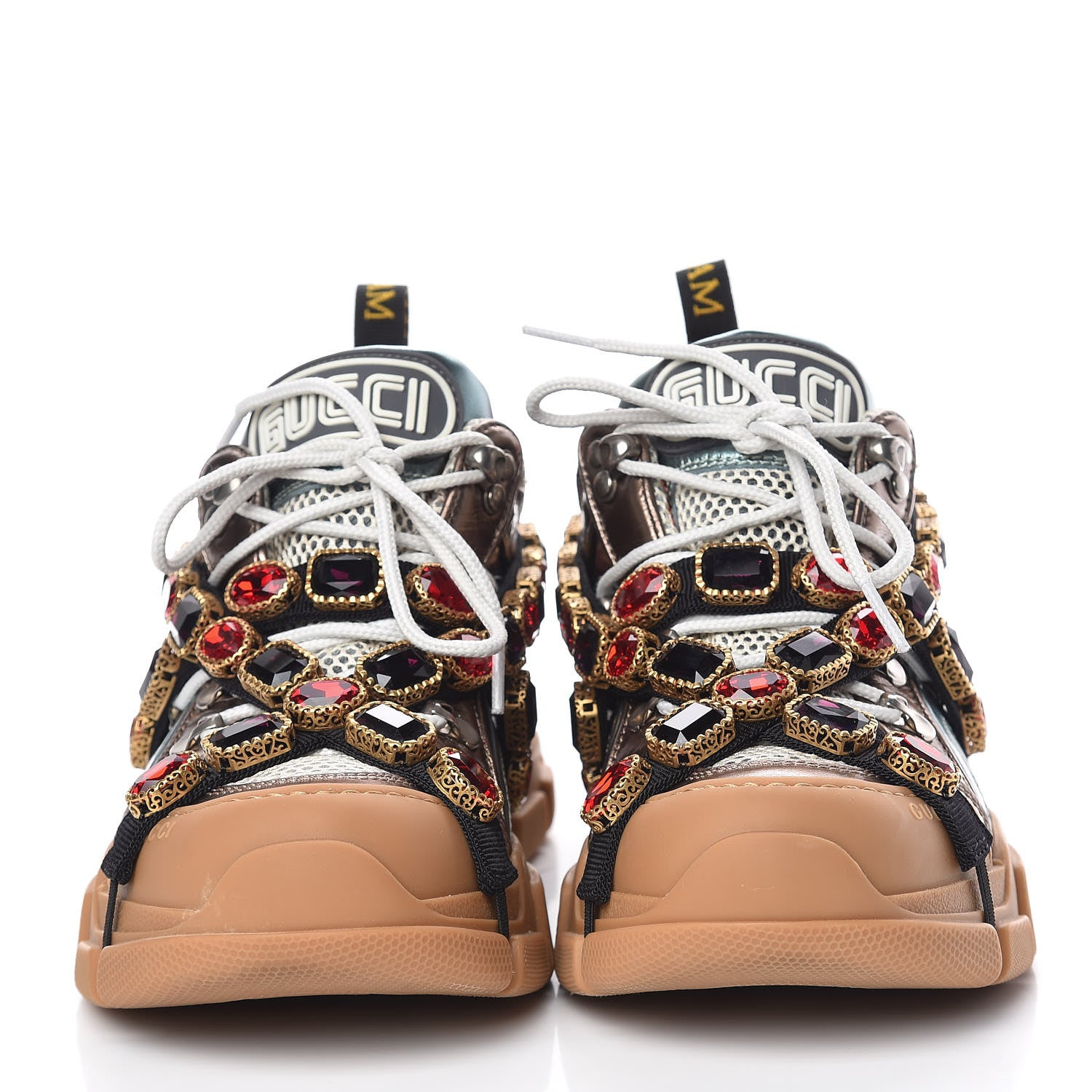 Gucci X SEGA Metallic Calfskin Mesh Removable Crystals Womens Flashtrek Sneakers 38 Rame Mystic White Lago 2 of 11
