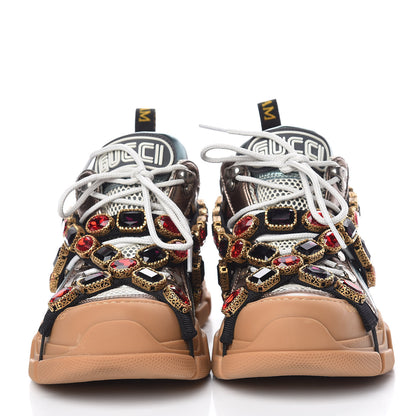 Gucci X SEGA Metallic Calfskin Mesh Removable Crystals Womens Flashtrek Sneakers 38 Rame Mystic White Lago 2 of 11