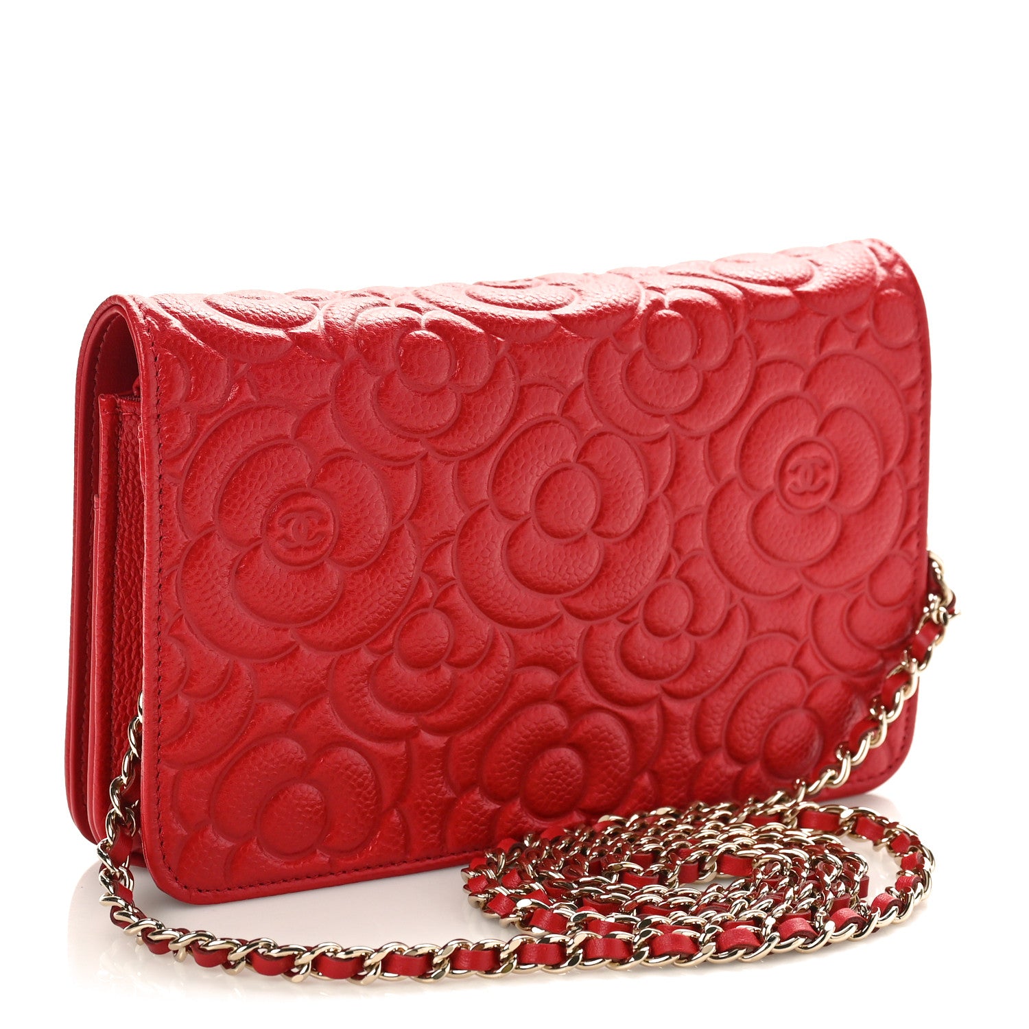 Chanel Caviar Camellia Embossed Wallet On Chain WOC Red 2 of 10