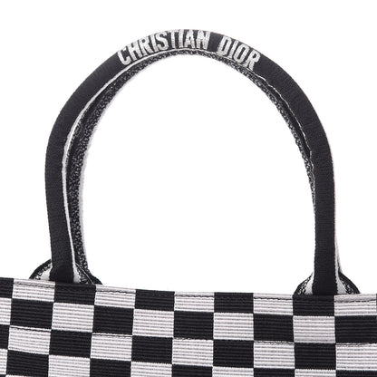 Christian Dior Canvas Embroidered Checkered Book Tote Black White 11 of 13