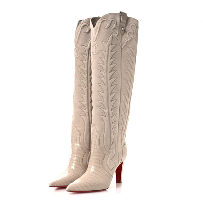 Christian Louboutin Calfskin Alligator Embossed Veau Velours Santia Botta 85 Tall Boots 40 Pearl 4 of 10