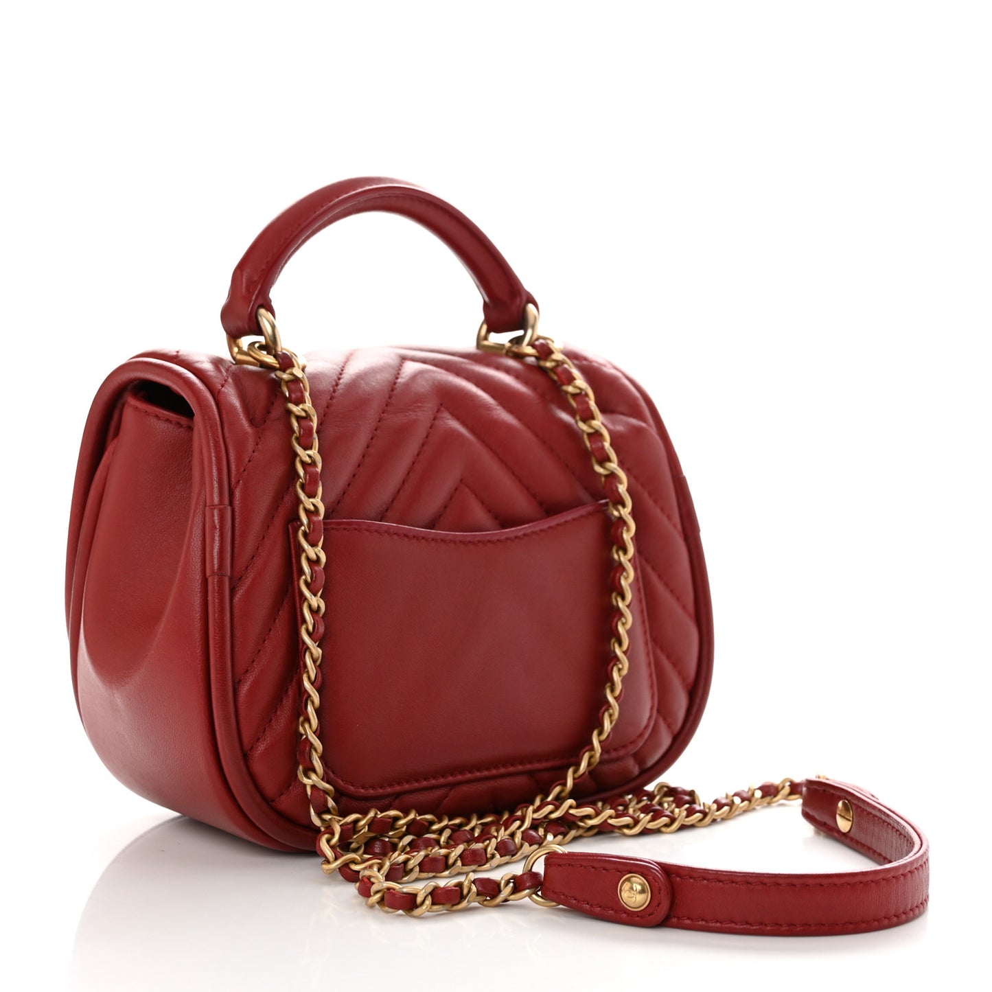 Lambskin Reverse Chevron Quilted Mini Round Top Handle Flap Red