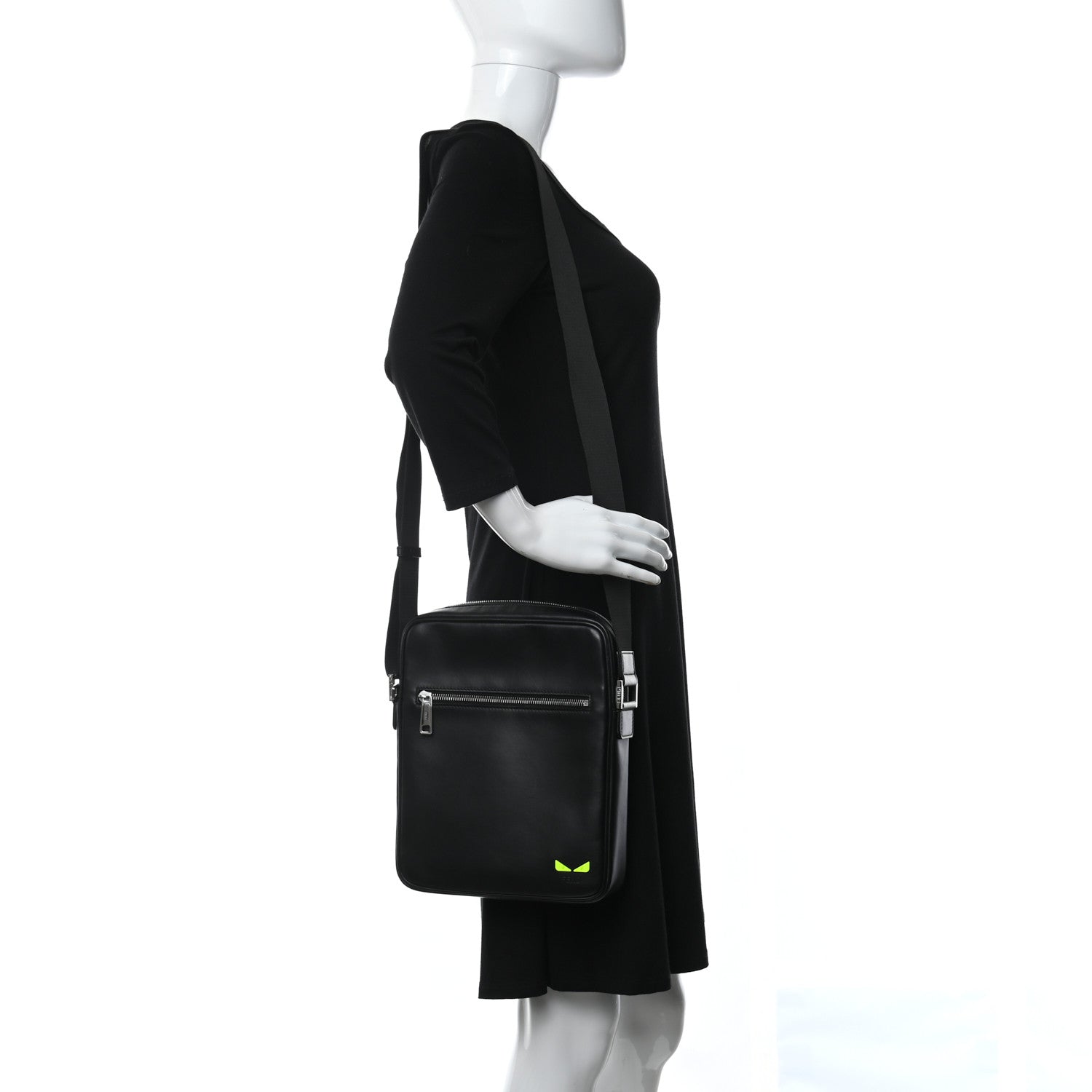 Fendi Vitello Grace Light I See You Eyes Messenger Bag Black Giallo Fluo 3 of 9