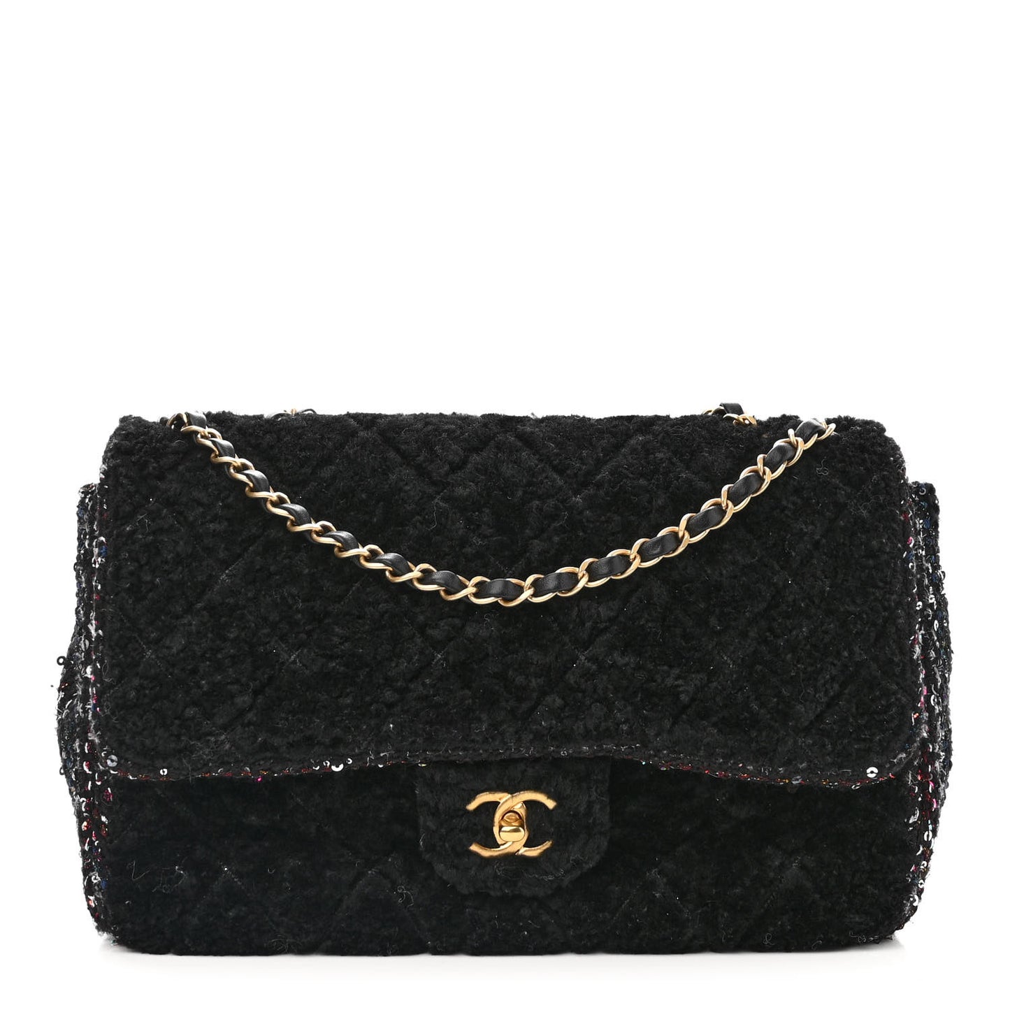 Shearling Sequin Tweed Quilted Jumbo Flap Black