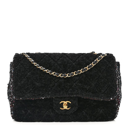 Chanel Shearling Sequin Tweed Quilted Jumbo Flap Black 1 of 14