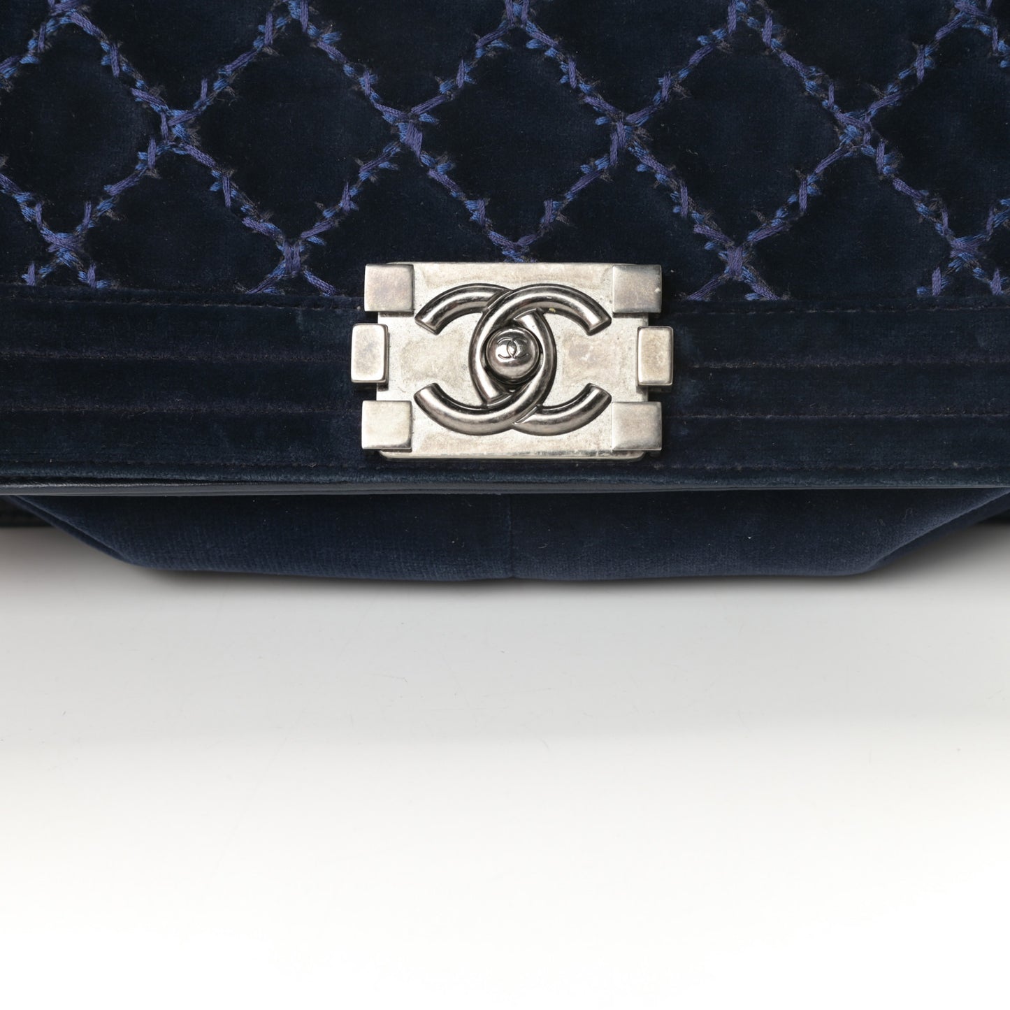 Velvet Tweed Quilted Medium Boy Flap Dark Navy Blue