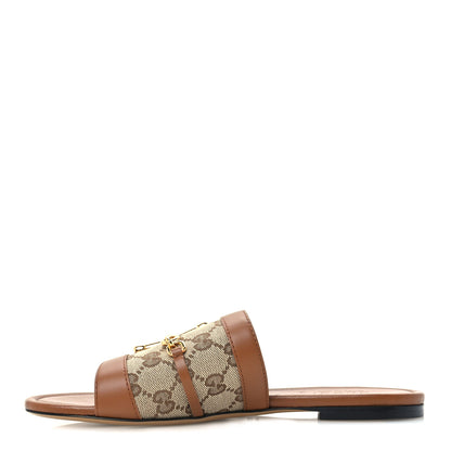 Gucci Calfskin Monogram Horsebit Womens Slide Sandals 38 Sundial Beige Ebony 1 of 10