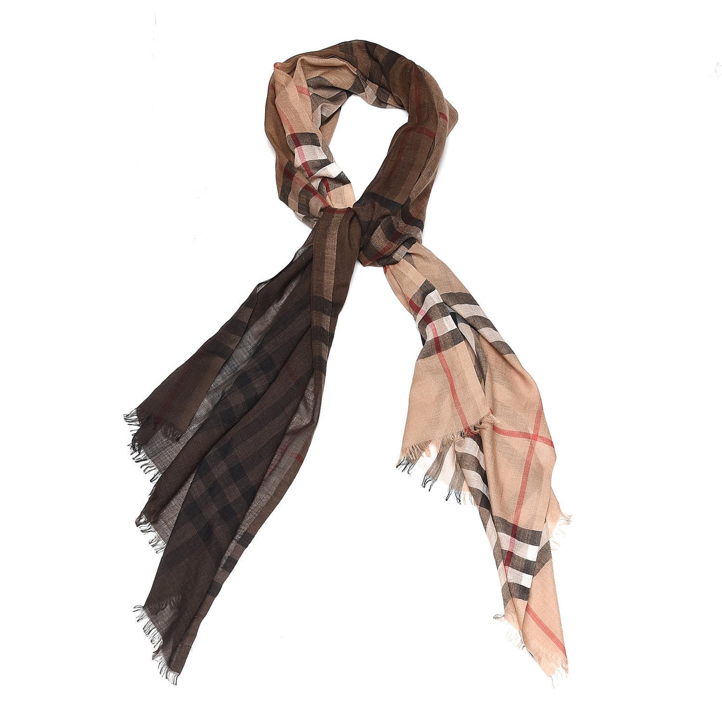 Wool Silk Gauze Ombre Giant Check Scarf Camel