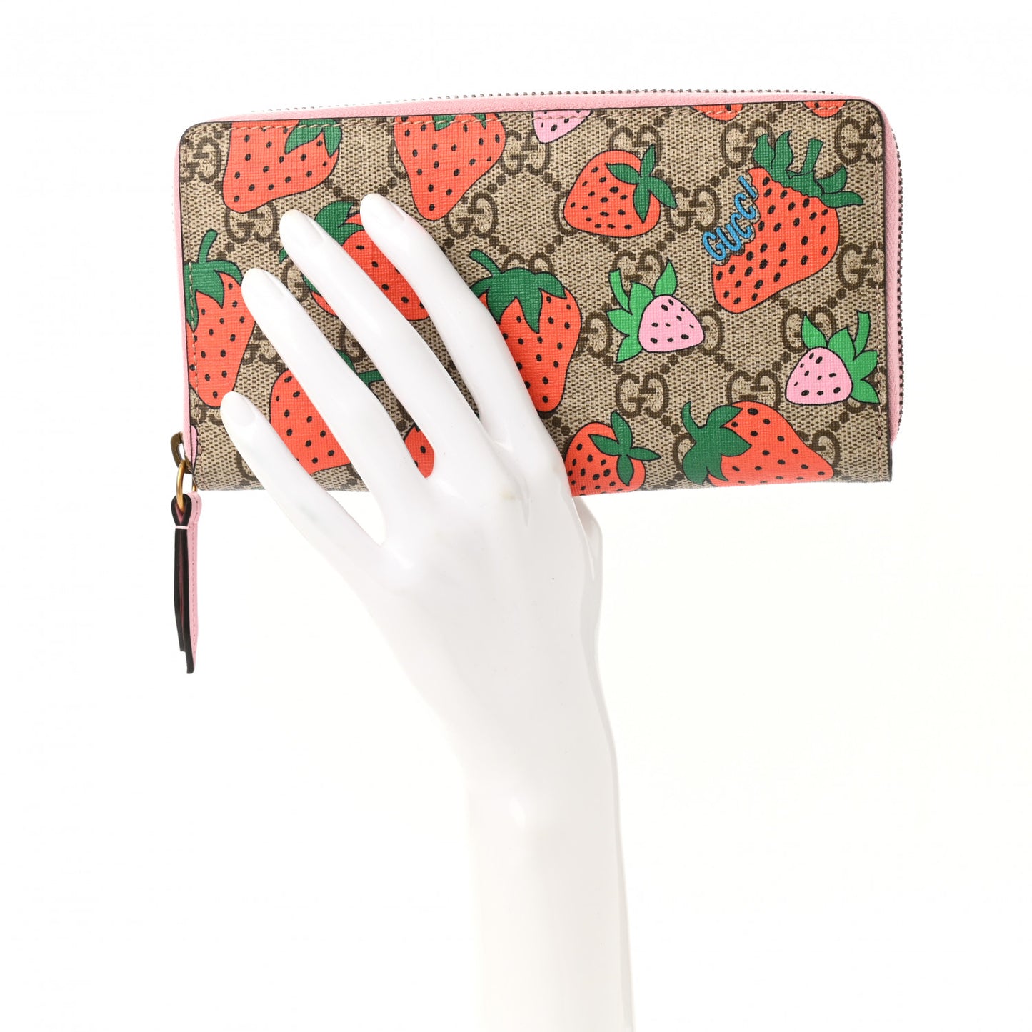 GG Supreme Monogram Strawberry Zip Around Wallet Light Pink