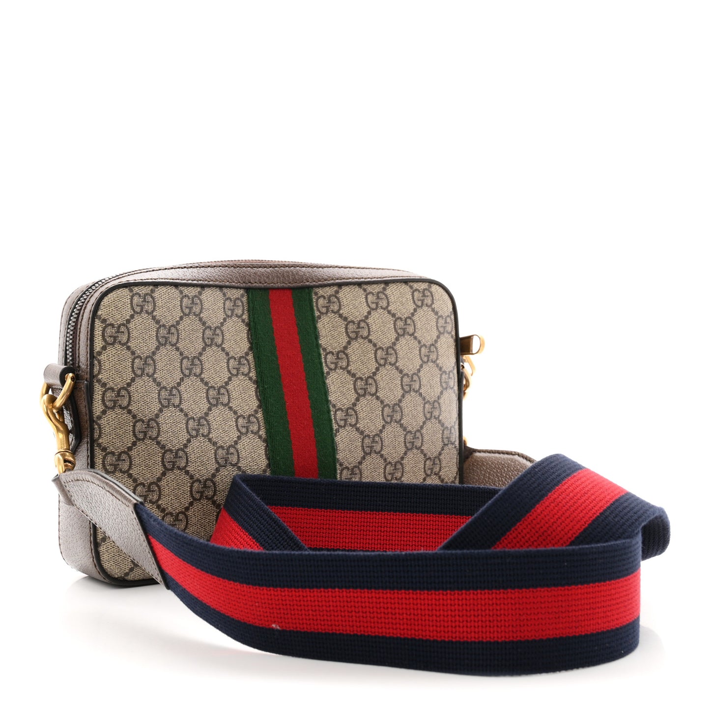 GG Supreme Monogram Textured Dollar Calfskin Web Ophidia Wristlet Shoulder Bag Beige Ebony New Acero
