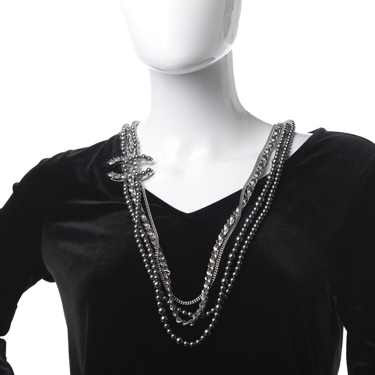 Crystal Pearl Lambskin CC Multi Strand Necklace Grey Silver