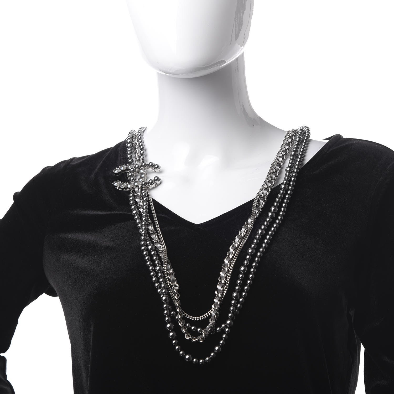 Chanel Crystal Pearl Lambskin CC Multi Strand Necklace Grey Silver 2 of 5