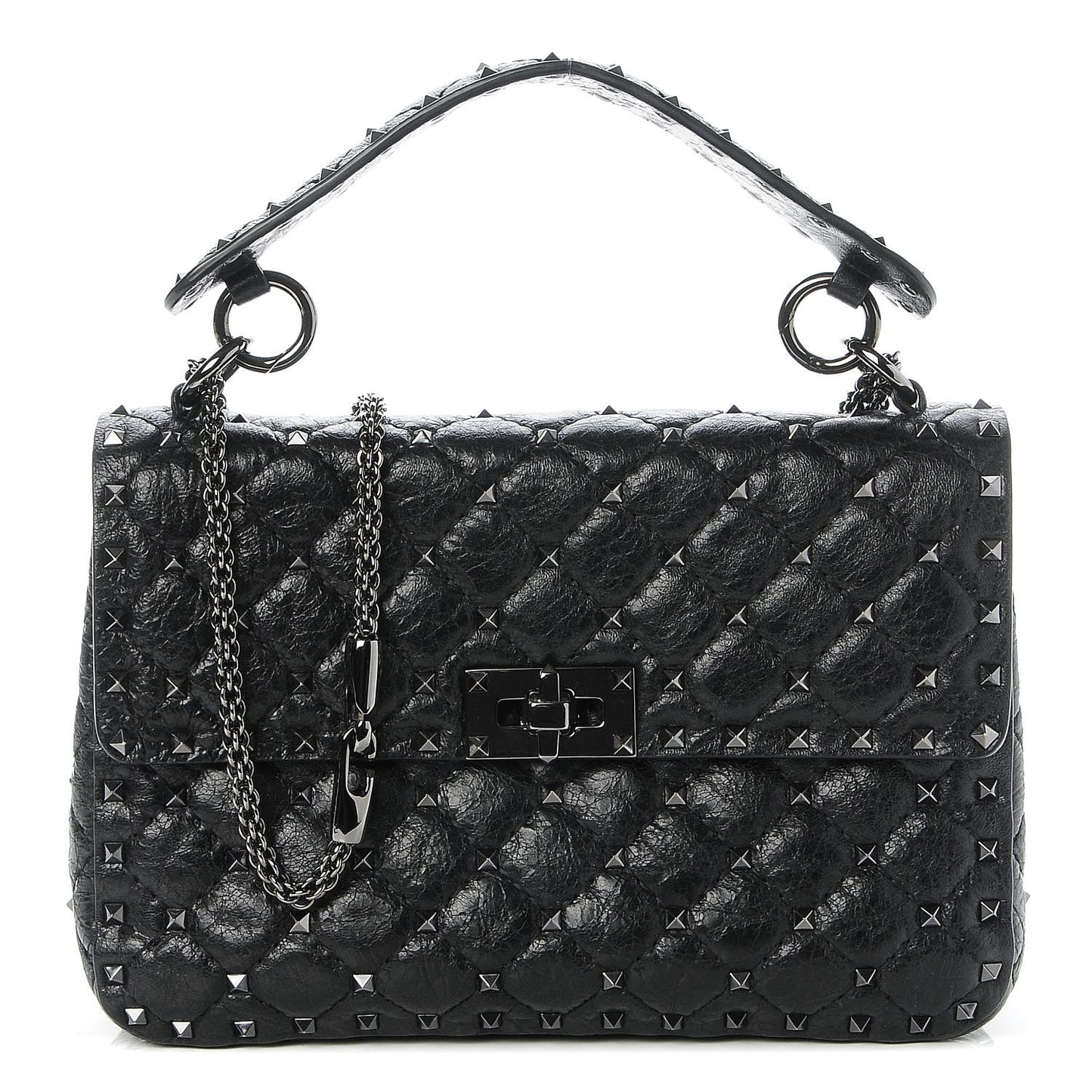 Craquele Nappa Medium Rockstud Spike Shoulder Bag Black