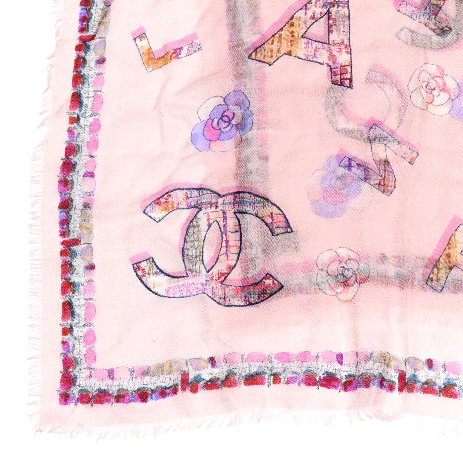 Chanel Cashmere Tweed Printed CC Fringe Scarf Pink Multicolor 2 of 4
