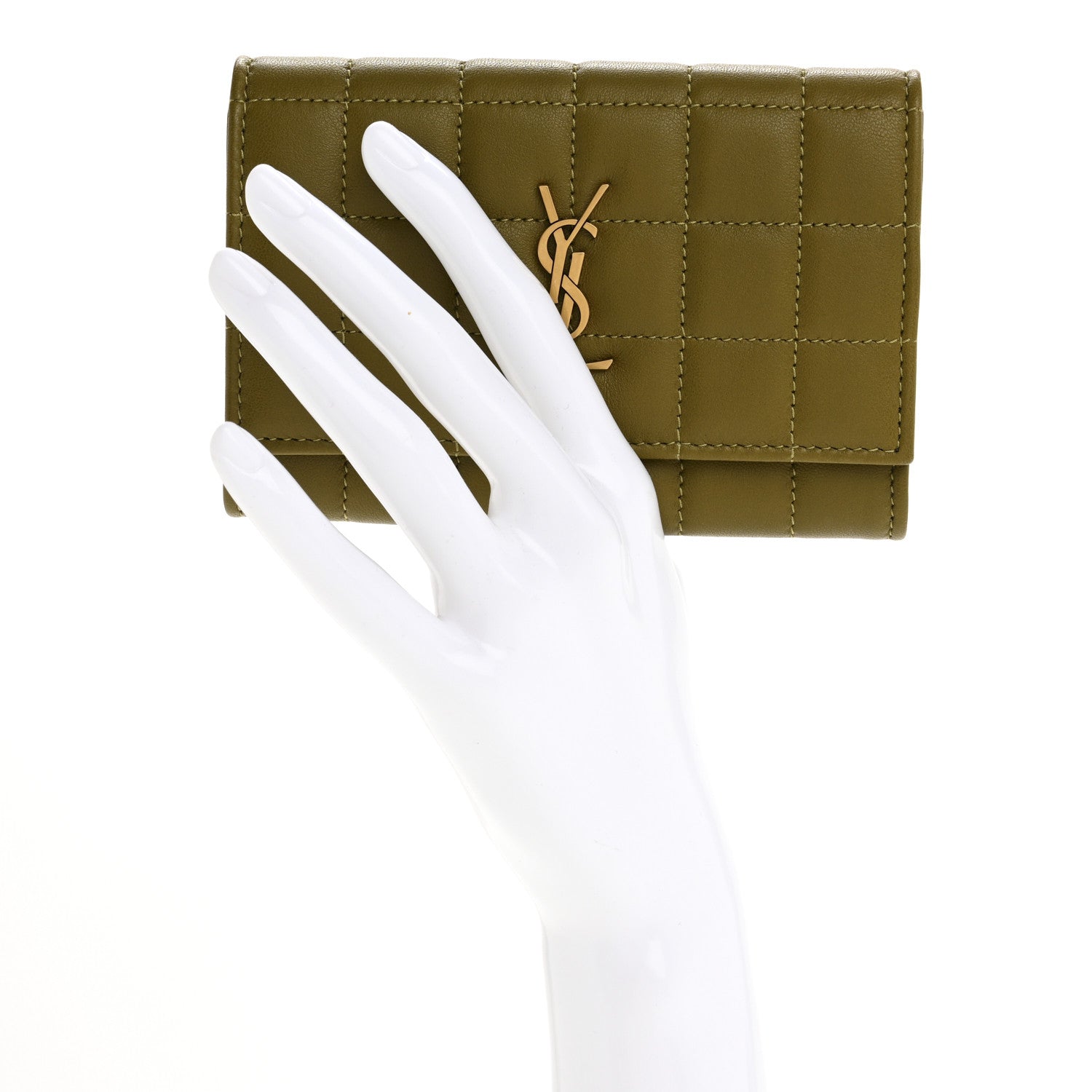 Saint Laurent Lambskin Carre Quilted Cassandre Small Envelope Wallet Olive Drab 2 of 7