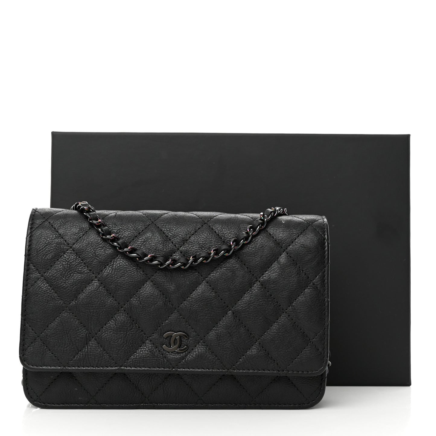 Crumpled Calfskin Quilted Wallet On Chain WOC So Black