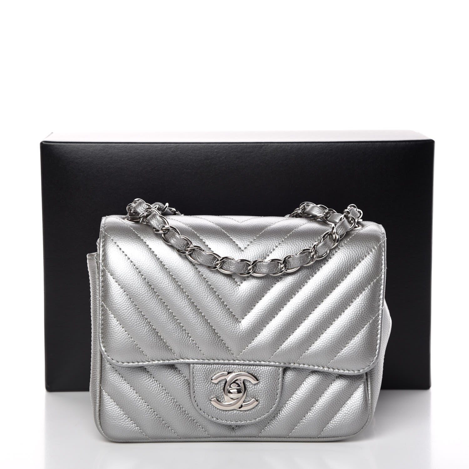 Chanel Metallic Caviar Chevron Quilted Mini Square Flap Silver 8 of 8