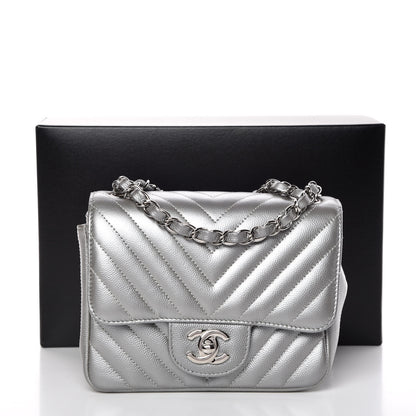 Chanel Metallic Caviar Chevron Quilted Mini Square Flap Silver 8 of 8