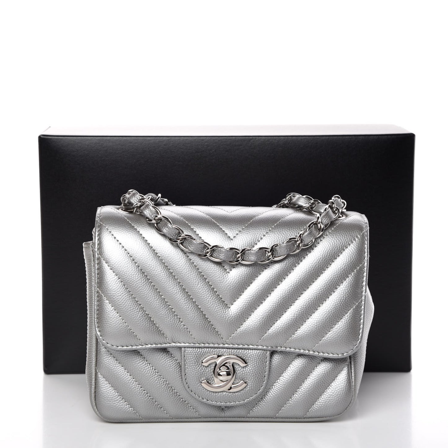 Metallic Caviar Chevron Quilted Mini Square Flap Silver