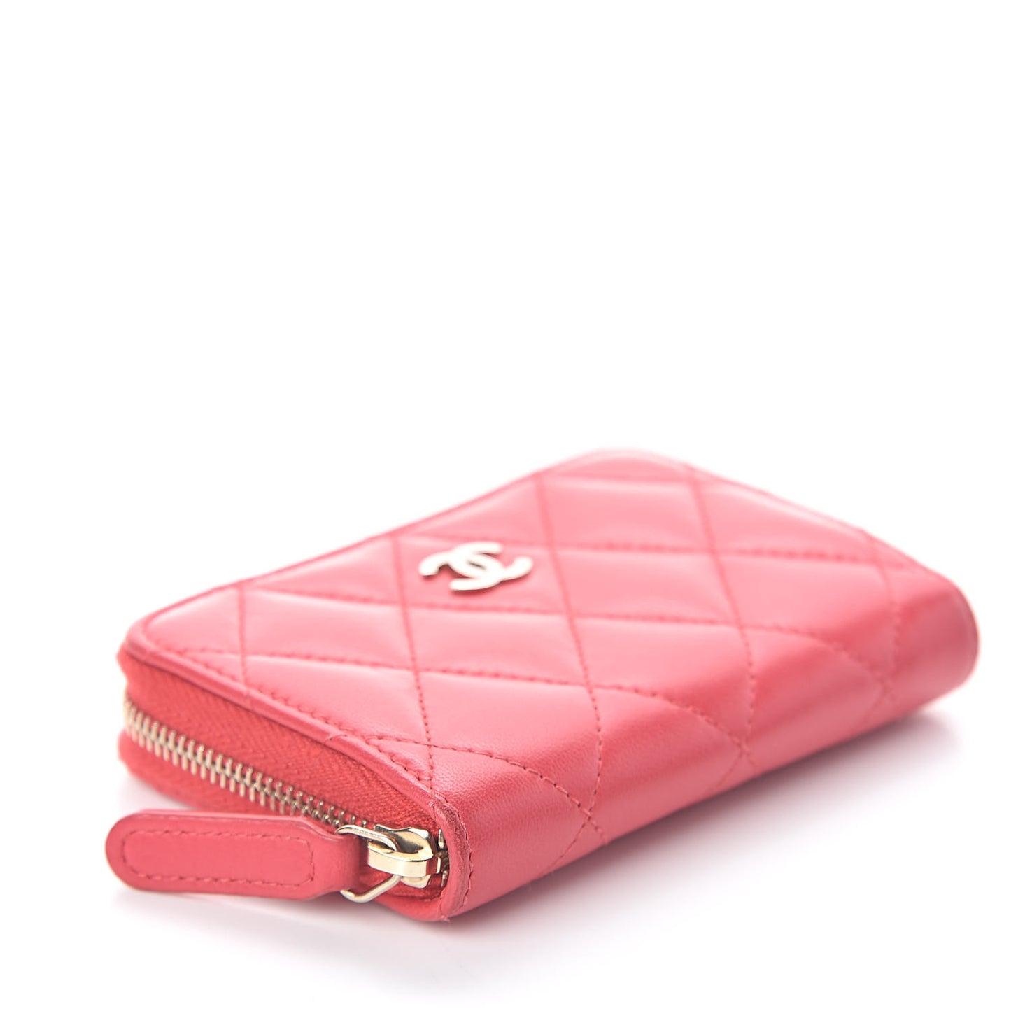 Lambskin Quilted Zip Around Coin Purse Wallet Light Red