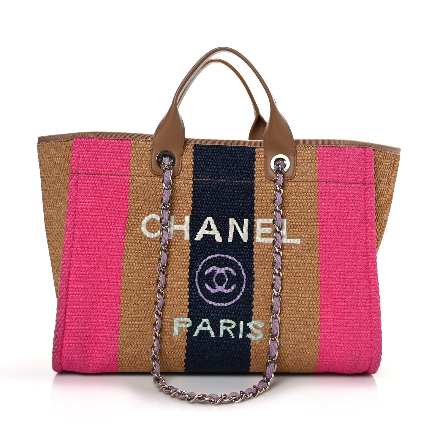 Straw Raffia Calfskin Striped Medium Deauville Tote Dark Beige Fuchsia Navy Blue