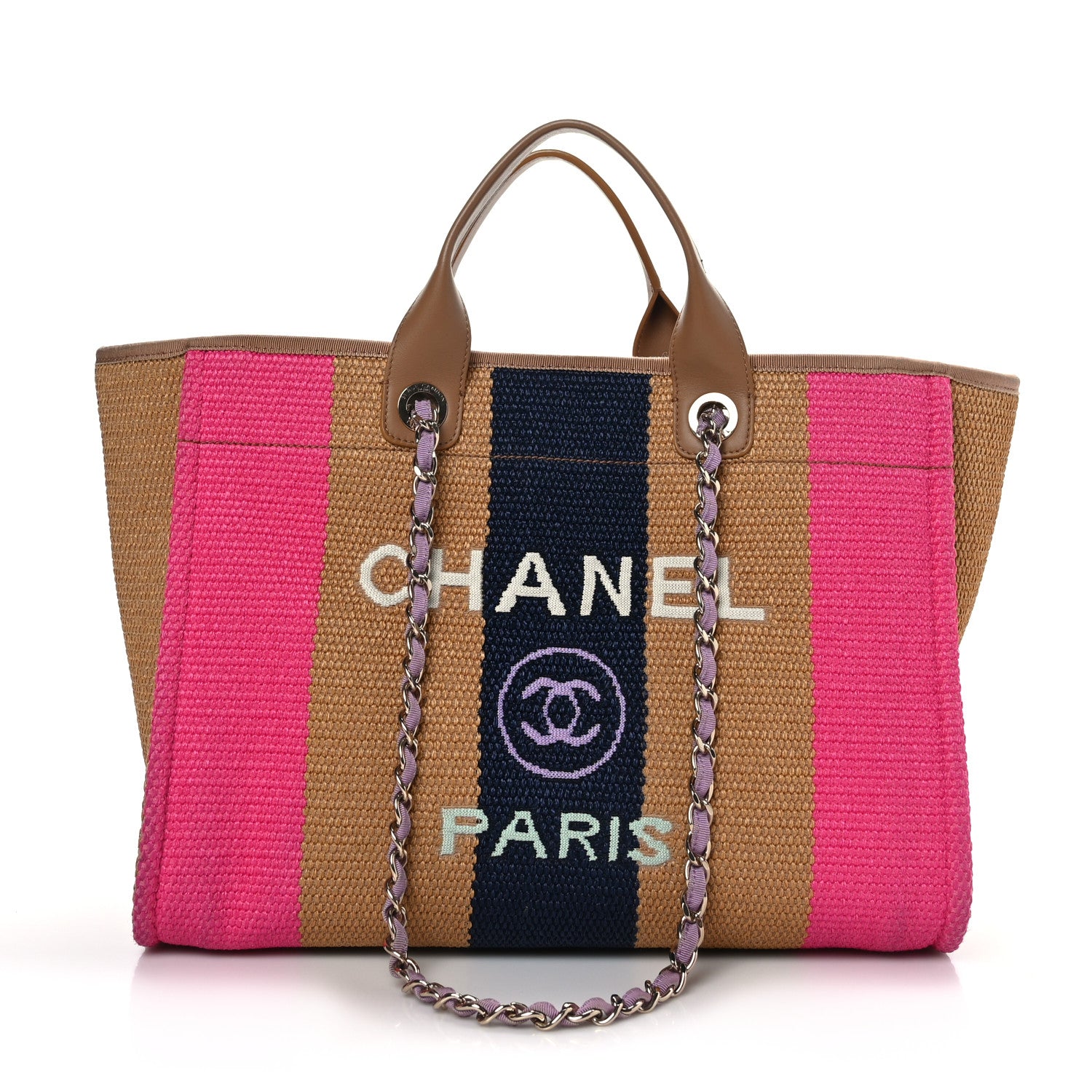Chanel Straw Raffia Calfskin Striped Medium Deauville Tote Dark Beige Fuchsia Navy Blue 1 of 9