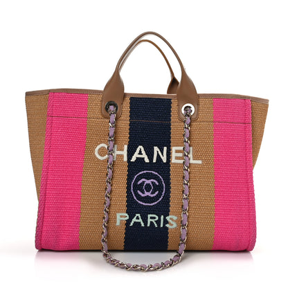 Chanel Straw Raffia Calfskin Striped Medium Deauville Tote Dark Beige Fuchsia Navy Blue 1 of 9