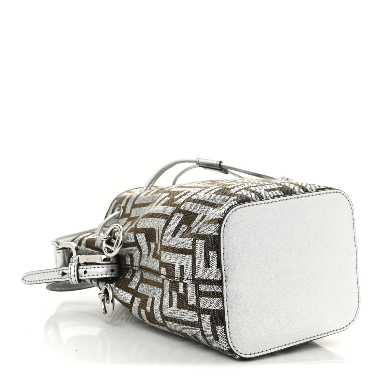 Fendi Vitello Catalan Mirror Canvas Fabric Jacquard FF 1974 Mini Mon Tresor Bucket Bag Ebano Argento 4 of 10