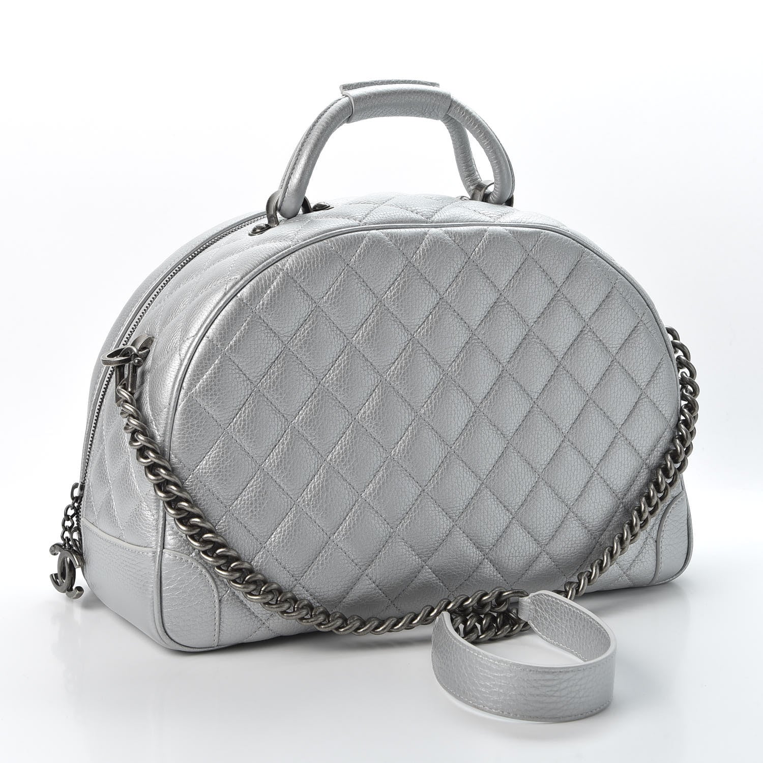 Chanel Metallic Calfskin Quilted Medium Airlines Round Trip Bowling Bag Silver 2 of 10
