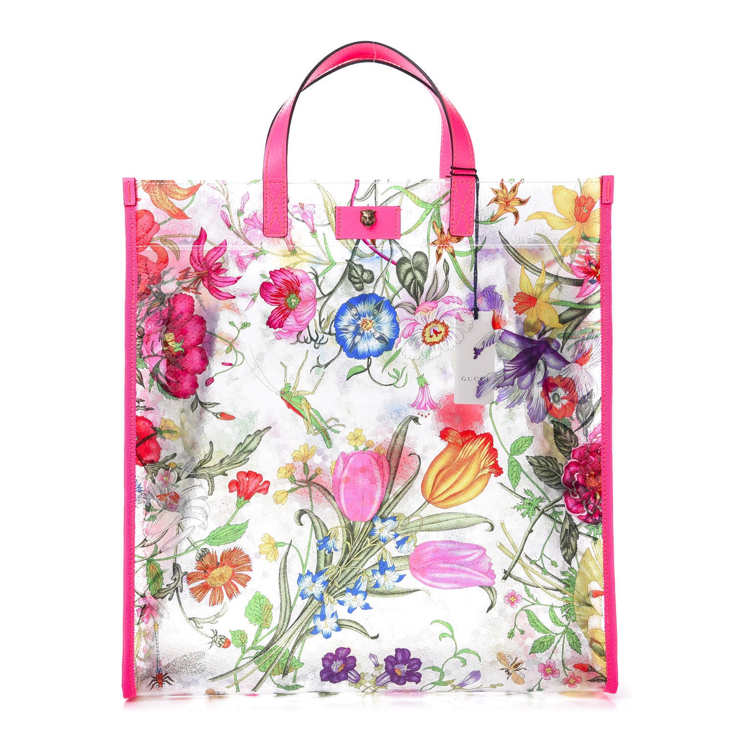 Calfskin Textured Vinyl Print Flora Tote Fluorescent Fuchsia