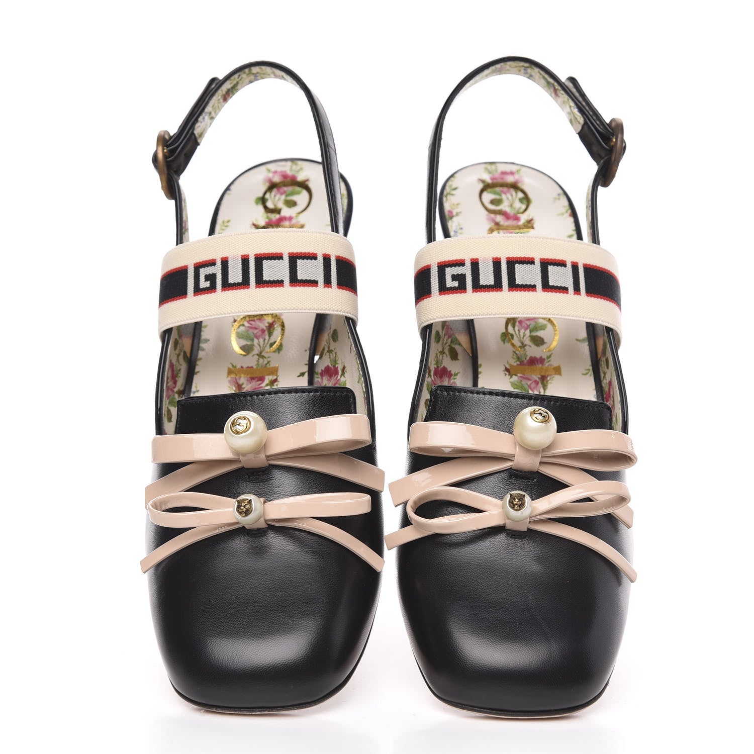 Gucci Malaga Kid Bow Ace Stripe Mid Heel Slingback Pumps 40 Black 5 of 10